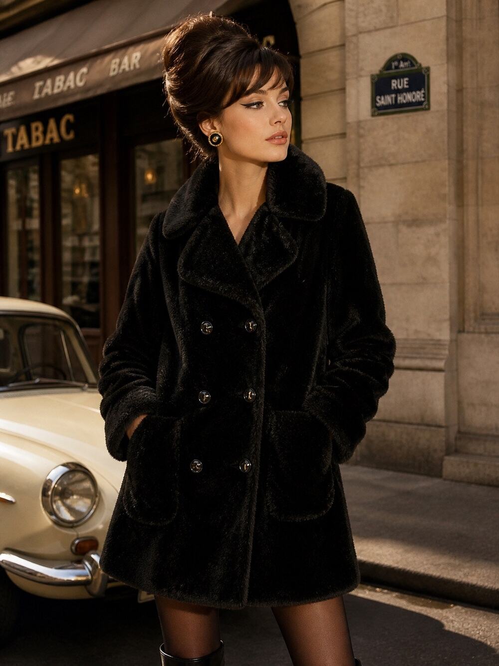 Vintage 50s-60s Black Faux Fur Teddy Coat Borgana Fabric Double-Breasted MCM